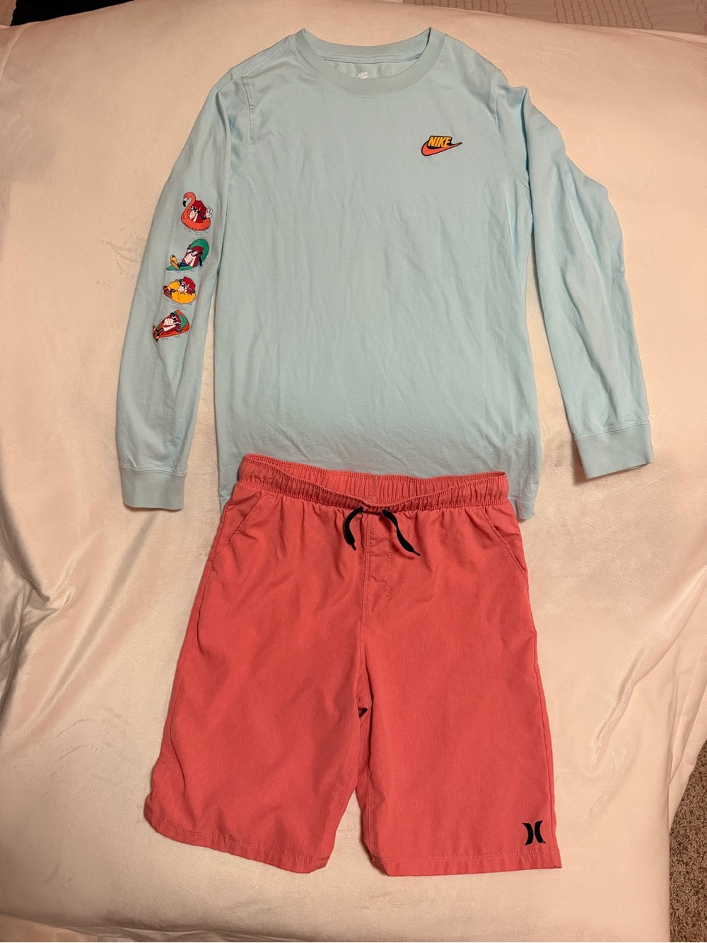 Nike Light Blue Long Sleeve Tee with Coral Drawstring Shorts